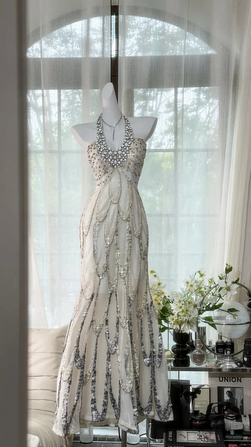 White Beaded Sparkling Ball Gown Long Chiffon Ball Gown Evening Gown Birthday Gown Wedding Gown HZ1023